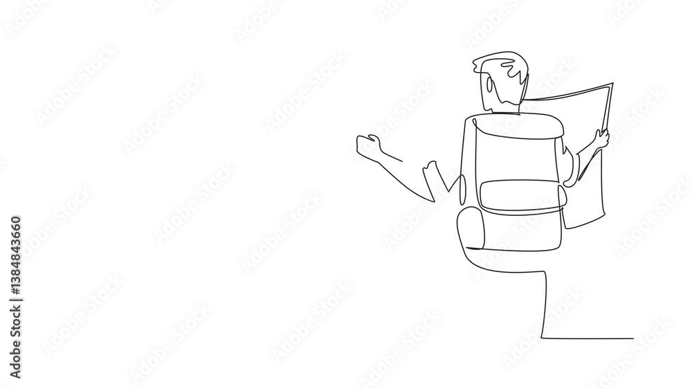 Poster animated self drawing of a single continuous line drawing of a man carrying a large backpack while h