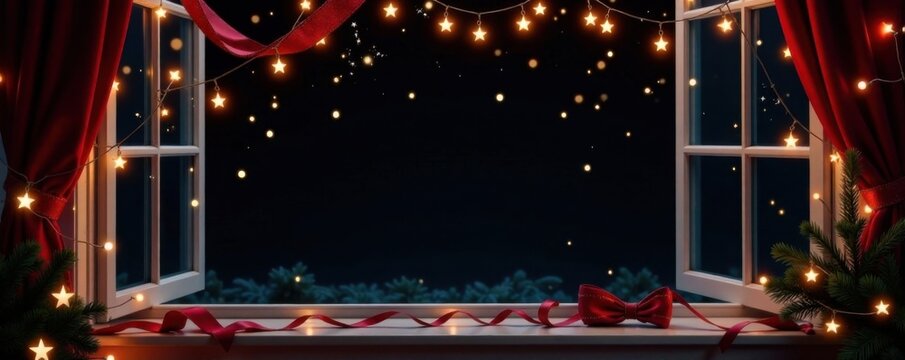 Christmas banner with swirl ribbons and stars on black background hanging from a window, christmas tree, starry night sky, twirly ribbon