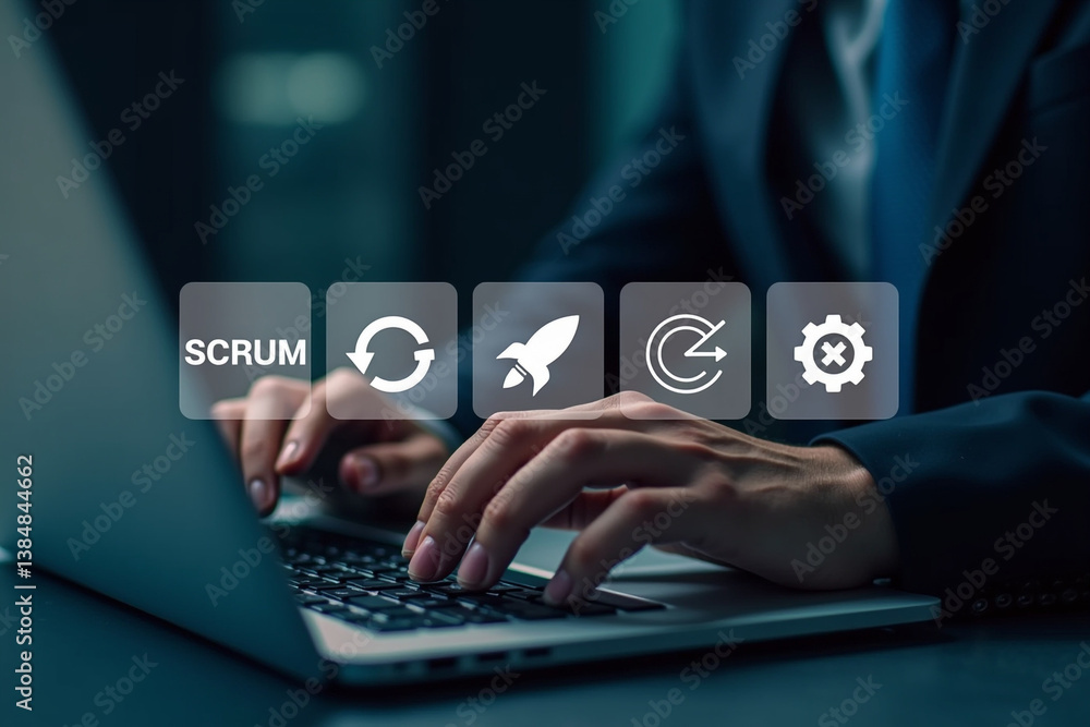 Aufkleber scrum, agile development methodology concept. businessman using laptop with scrum icons.