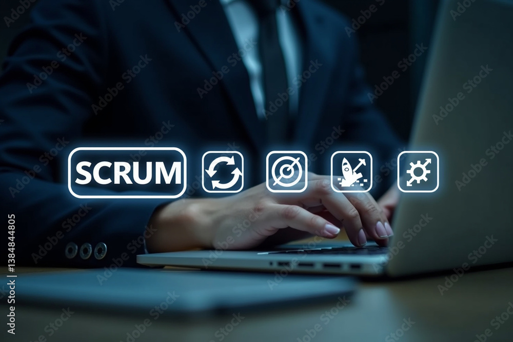 Poster scrum, agile development methodology concept. businessman using laptop with scrum icons on virtual s