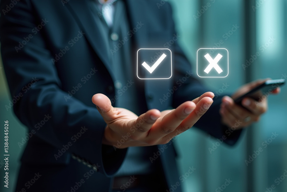 Poster businessman showing check right and wrong choice the idea is to decide to vote. think yes or no deci