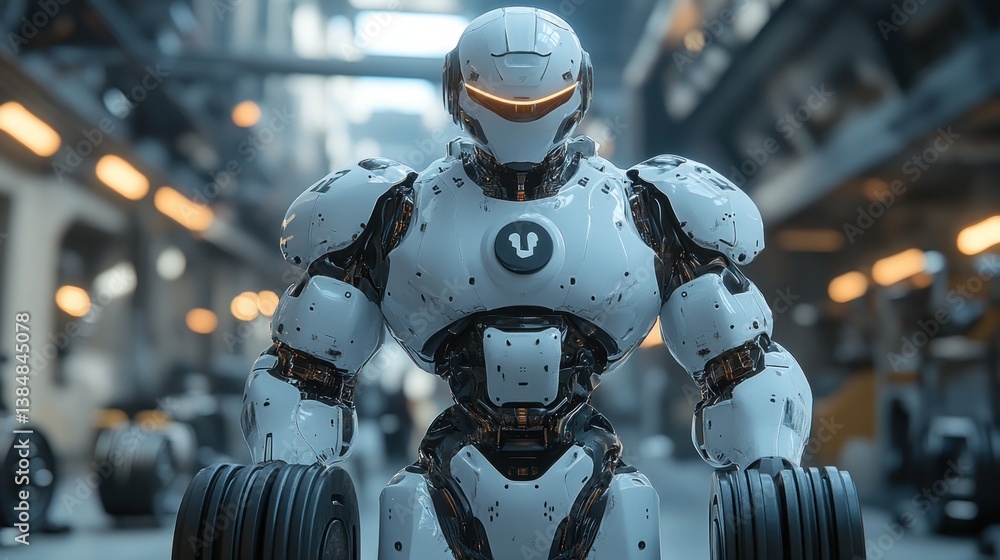 Poster powerful futuristic robot lifting weights in a factory setting