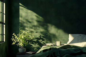 Serene Bedroom Scene Sunlight Illuminates Green Walls and Bed.