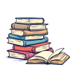 Stack of colorful books with open book lying in front