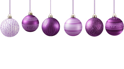 Obraz premium Purple Christmas ornaments hanging on a white background. 