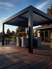 A modern black pergola covering an outdoor dining set on a wooden deck with a pool and trees nearby