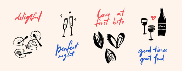 Fide dine cuisine doodle illustrations graphic set. Line drawing of mussels, served scallop shells, bottle of wine and glasses. Handwritten inspirational quotes for restaurant posters, menu