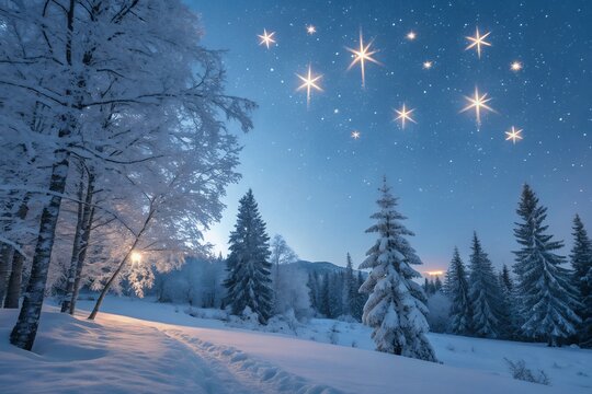 A serene winter night under a breathtaking starry sky, snow-covered trees creating a magical path through a peaceful forest landscape. - Powered by Adobe