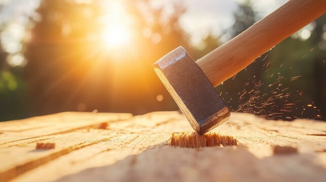Hammering into the day: A close-up shot captures the dynamic energy of a hammer impacting wood with the sun as a backdrop, highlighting craftsmanship and manual work.