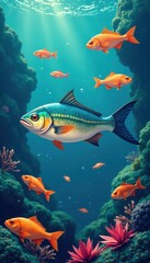 Fototapeta premium Flat seafood icon with a school of small fish, marine life flat, flat aquatic symbols