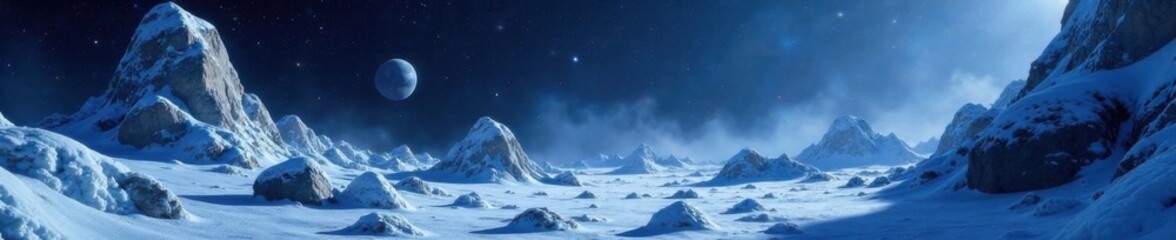 Frozen asteroid field with icy rocks and sparkling space debris, cold, ice, winter