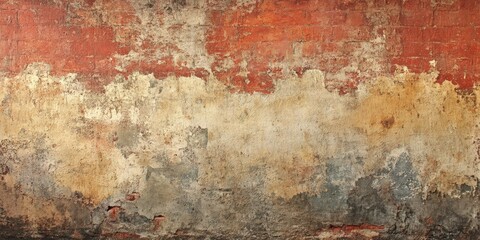 A textured wall featuring peeling paint in earthy tones, showcasing a mix of red, yellow, and gray, creating a vintage, weathered look.
