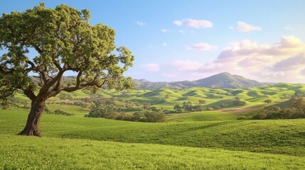 Fototapeta premium Create a tranquil landscape showcasing rolling hills in vibrant green and gold tones, representing harmony and prosperity.
