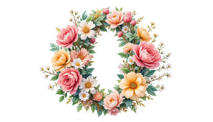 The number "0", created from pink, yellow and white flowers framed by green leaves. The bright composition on a white background symbolizes joy and freshness.