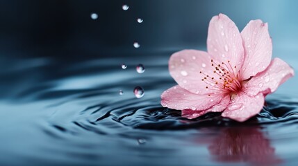 A captivating pink flower rises from the surface of rippling water, showcasing its delicate petals and the refreshing droplets that emphasize its beauty and serenity.