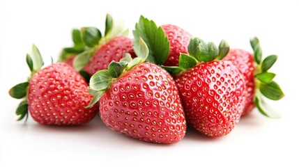 Freshly picked strawberries arranged beautifully showcase their vibrant red color and healthy green leaves, emphasizing their freshness and energy