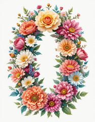 The number "0", created from pink, yellow and white flowers framed by green leaves. The bright composition on a white background symbolizes joy and freshness.