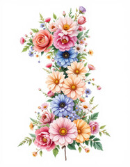 The number "1", created from pink, yellow and white flowers framed by green leaves. The bright composition on a white background symbolizes joy and freshness.