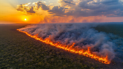 Fototapeta premium dense rainforest is engulfed in flames, with thick smoke billowing into sky as sun sets in background, creating dramatic and somber atmosphere