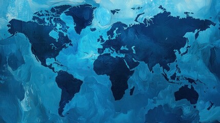Abstract world map, painted blue tones, various shades, artistic representation