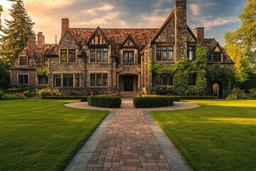 Fototapeta premium A majestic stone mansion basks in the golden sunset, showcasing its exquisite architecture and lush landscaping.