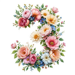 The number "3", created from pink, yellow and white flowers framed by green leaves. The bright composition on a white background symbolizes joy and freshness.