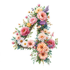The number "4", created from pink, yellow and white flowers framed by green leaves. The bright composition on a white background symbolizes joy and freshness.