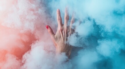 Obraz premium A striking image showcasing a hand emerging from vibrant clouds of blue and pink fog, representing the intersection of human existence and the mystical realms of abstraction.