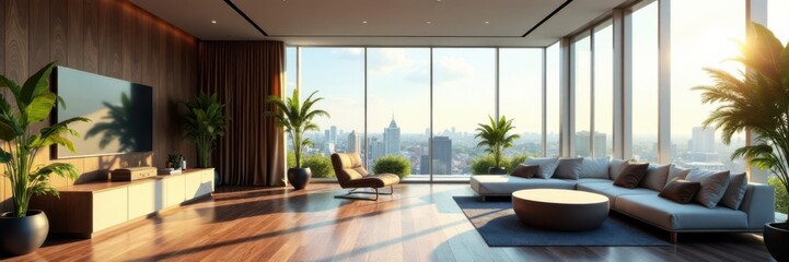 Luxury condominium unit with floor-to-ceiling windows, interior design, sleek furniture