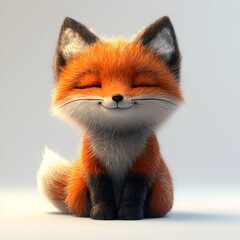 Fototapeta premium An adorable 3D rendered baby fox sits serenely with closed eyes and a happy expression against a soft white background.