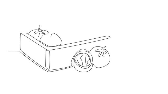 Self drawing animation of continuous one line drawing tomatoes fill the wooden box. The harvest is satisfactory as expected. Very profitable. Antioxidants. Fresh Tomato Day. Full length animated