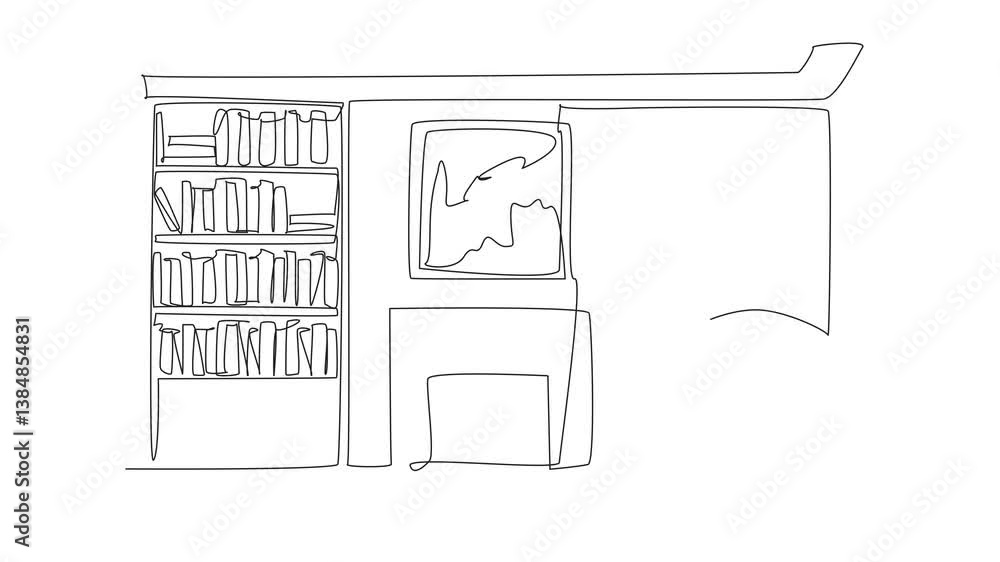Poster self drawing animation of single one line drawing sofa chairs and reading lamps in the library. priv