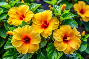 Fototapeta premium Vibrant Yellow Hibiscus Flowers with Bright Green Leaves image background