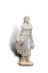 A broken dirty white statue of a woman isolated on white background. This has clipping path.