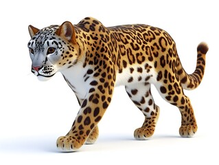 Obraz premium A majestic snow leopard with stunning spots gracefully walks across a pure white background showcasing its powerful build and elegant fur.