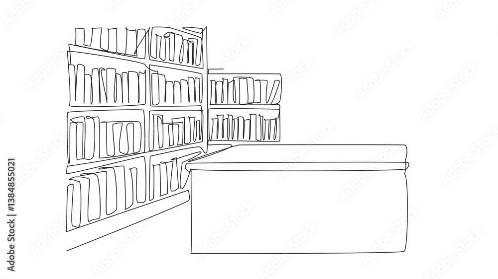 Poster animation of continuous one line drawing librarian desk and chair in the corner of the library. plac