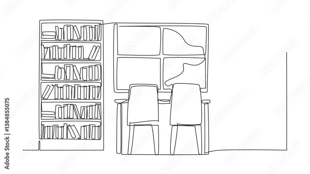 Poster animated self drawing of continuous one line drawing reading chair and window in the middle of bookc