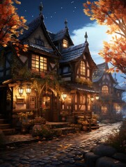 Fototapeta premium A quaint village street at night with illuminated houses and autumn foliage under a starry sky