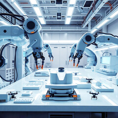 Futuristic Robotics Lab with Automated Arms and AI-Powered Drones in Precision