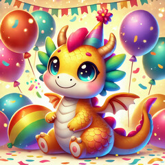 Obraz premium Cute dragon character celebrating a birthday with colorful balloons and festive decorations in a joyful setting Generative AI