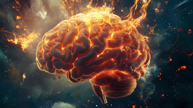 Concept art of a human brain exploding with knowledge and creativity. 