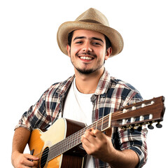 Smiling man playing guitar.