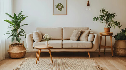 Modern Scandinavian home interior design characterized by an elegant living room featuring a comfortable sofa, mid century furniture, cozy carpet, wooden floor, white walls, and home plants.