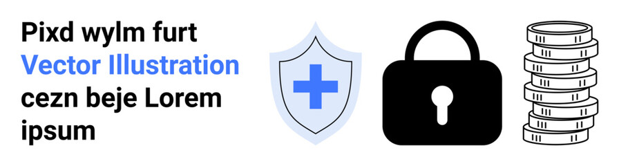 Shield with medical cross, lock, and coin stack suggest health, privacy, and financial safety. Ideal for healthcare, cybersecurity, fintech, insurance online protection banking simple landing page