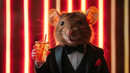 A charming mouse dressed in a tuxedo holds a cocktail in a vibrant, glamourous setting, capturing a whimsical blend of elegance and playful fun in a party atmosphere.
