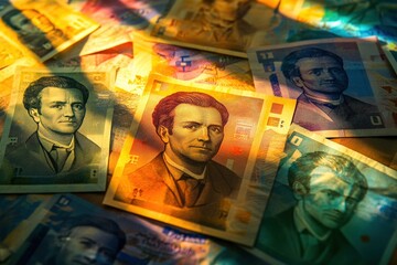 Currency notes of the Swiss franc are arranged in an artistic display that emphasizes intricate architecture and dynamic energy through color and design