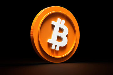 Bitcoin Btc coin 3D on a black background. Embossed and grooved cryptocurrency design. High quality 3D rendering.