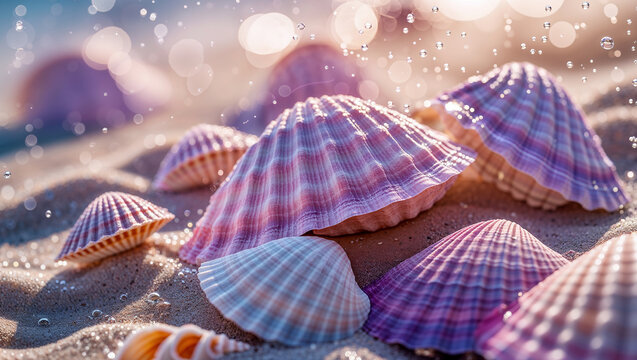 Seashells resting on sandy beach with water droplets at sunset