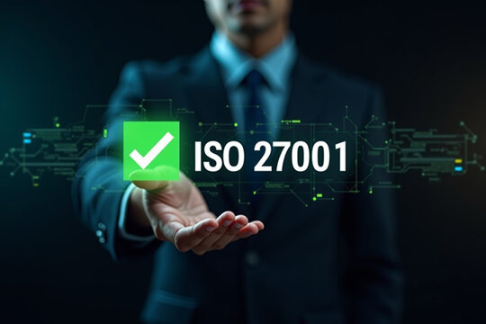 ISO 27001 concept. requirements, certification, management, and standards. Businessman using tablet to choose ISO 27001 for information security management system (ISMS).