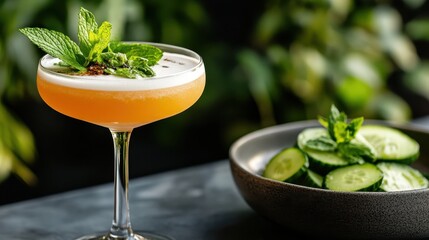 A vibrant cocktail garnished with fresh mint leaves and cucumber slices, served elegantly in a glass, perfect for summer gatherings or upscale events with refreshing flavors.